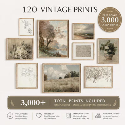 120 French Country Prints Set – Vintage Gallery Wall Art, Rustic Farmhouse Decor