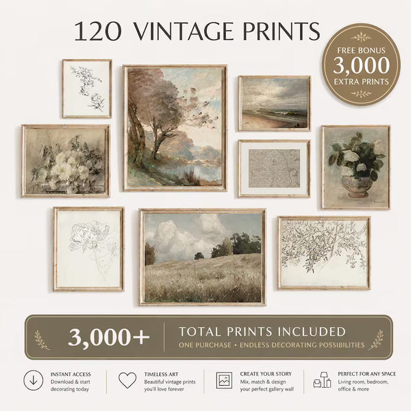 120 French Country Prints Set – Vintage Gallery Wall Art, Rustic Farmhouse Decor