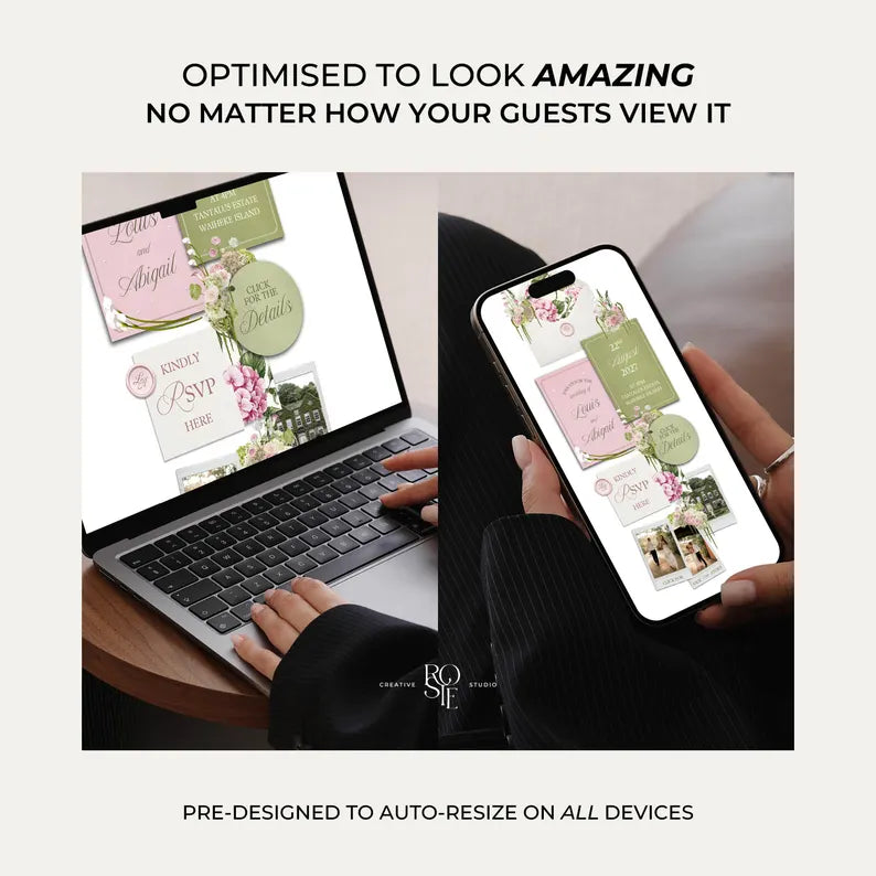 Pink & Green Floral Wedding Website Template with RSVP: Editable Canva Design (Digital Download)