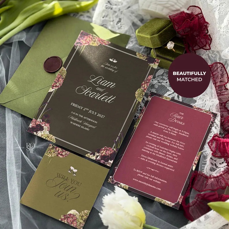 Olive Green & Burgundy Floral Wedding Website – Canva Template