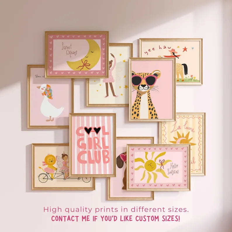 Pink Girl Nursery Wall Art Prints, Animals, Gallery Set (Digital Download, +180 Prints