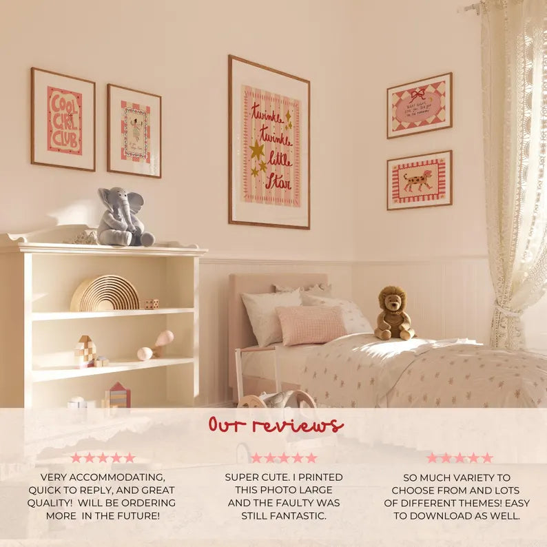 Pink Girl Nursery Wall Art Prints, Animals, Gallery Set (Digital Download, +180 Prints