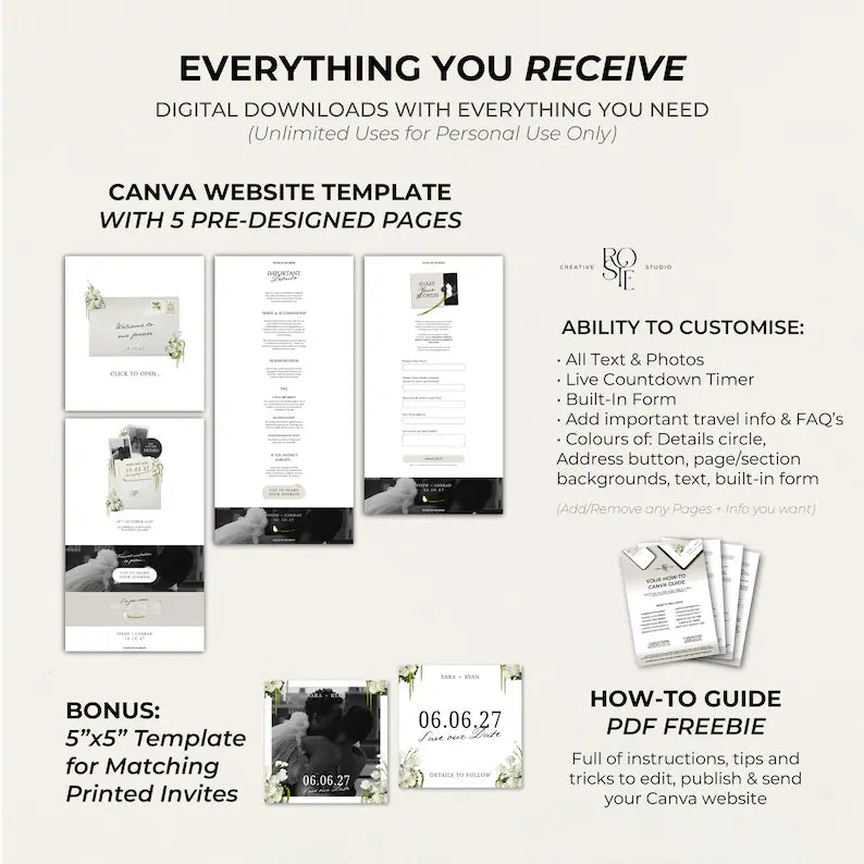 Ivory & Green Floral Save the Date with Built-In Form: Canva Website Template (Digital Download)