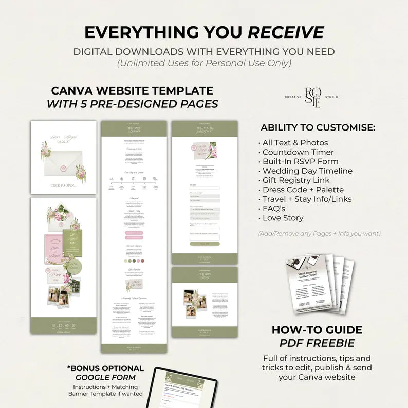 Pink & Green Floral Wedding Website Template with RSVP: Editable Canva Design (Digital Download)