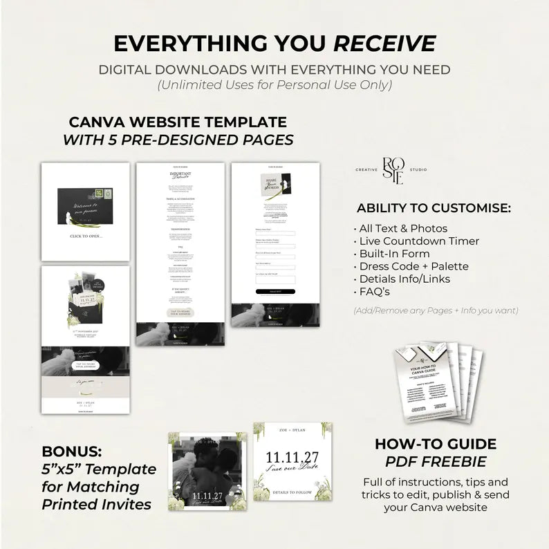 Black, Ivory & Green Floral Save the Date with Built-In Form: Canva Website Template (Digital Download)