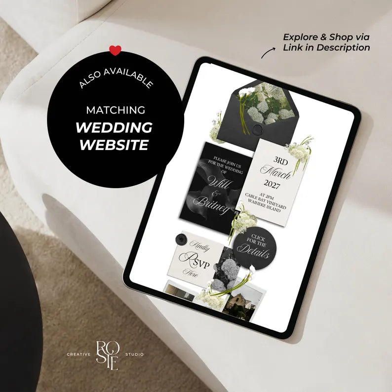 Black, Ivory & Green Floral Save the Date with Built-In Form: Canva Website Template (Digital Download)