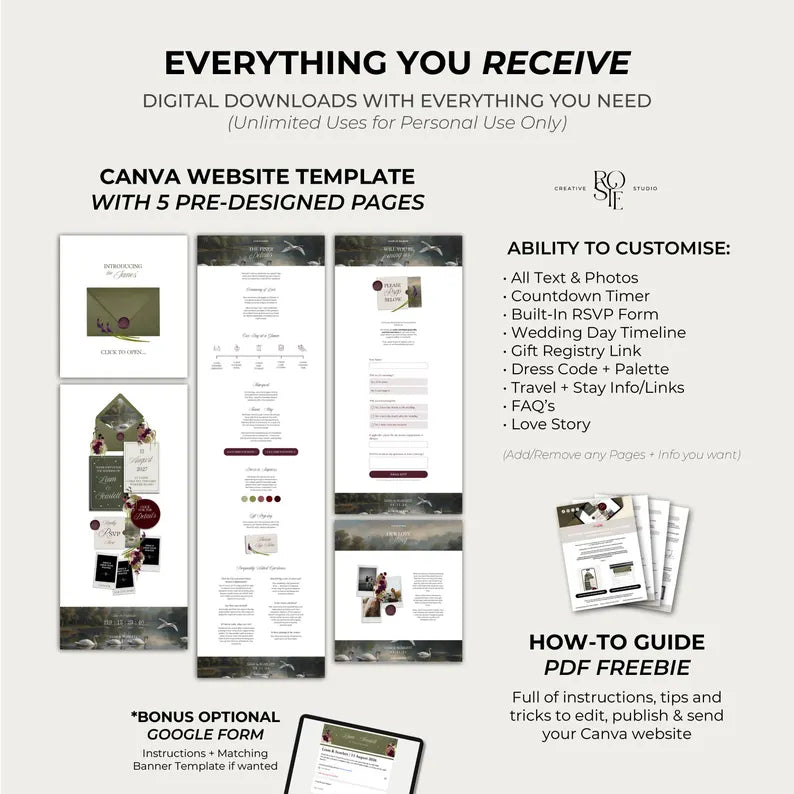 Olive Green & Burgundy Floral Wedding Website – Canva Template