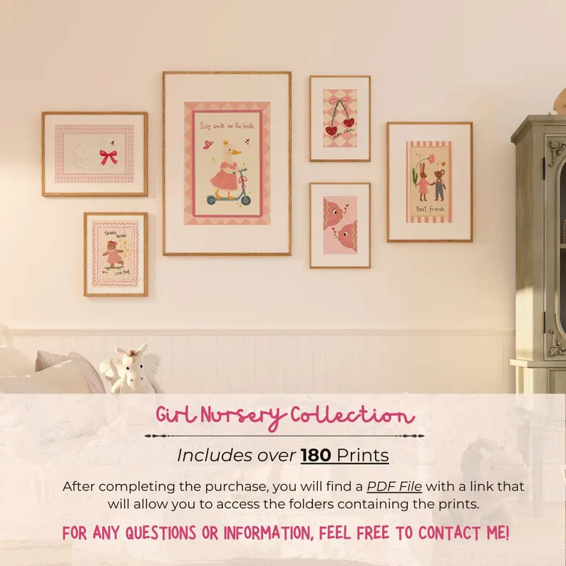 Pink Girl Nursery Wall Art Prints, Animals, Gallery Set (Digital Download, +180 Prints