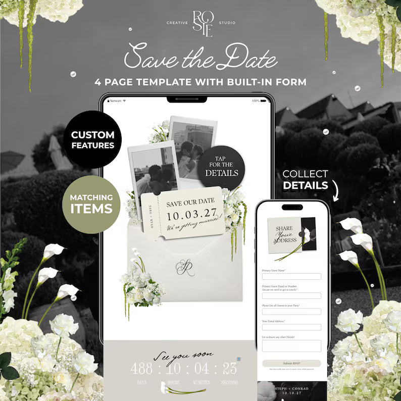 Ivory & Green Floral Save the Date with Built-In Form: Canva Website Template (Digital Download)