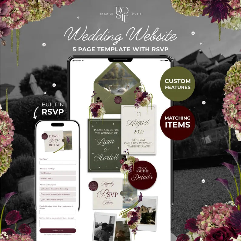 Olive Green & Burgundy Floral Wedding Website – Canva Template