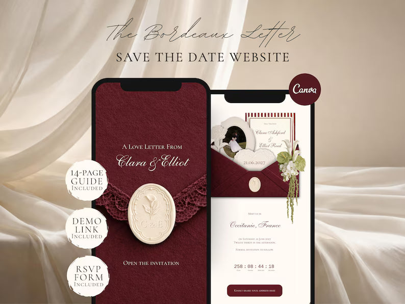 Burgundy Save the Date Website Template | Digital Wedding Invitation with RSVP | Instant Download