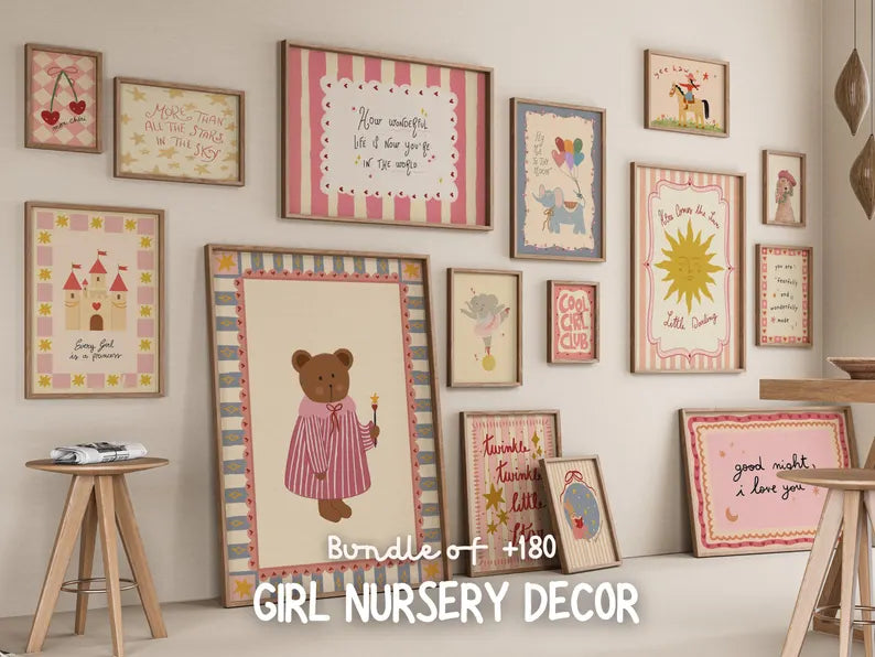 Pink Girl Nursery Wall Art Prints, Animals, Gallery Set (Digital Download, +180 Prints