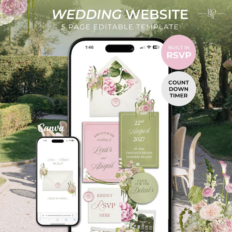 Pink & Green Floral Wedding Website Template with RSVP: Editable Canva Design (Digital Download)
