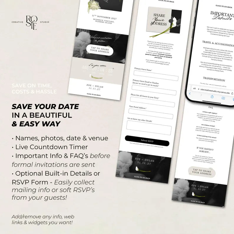 Black, Ivory & Green Floral Save the Date with Built-In Form: Canva Website Template (Digital Download)