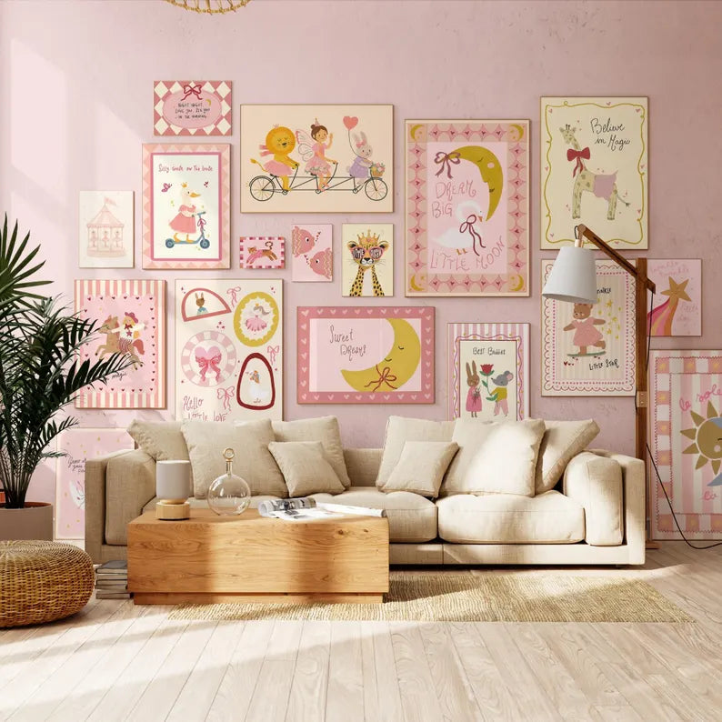 Pink Girl Nursery Wall Art Prints, Animals, Gallery Set (Digital Download, +180 Prints