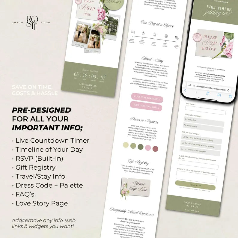Pink & Green Floral Wedding Website Template with RSVP: Editable Canva Design (Digital Download)