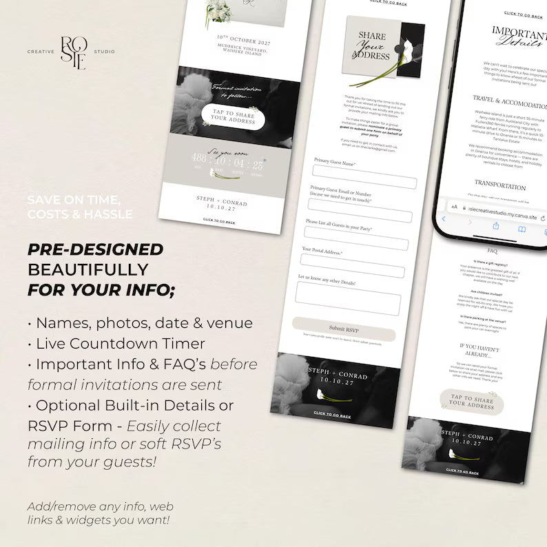 Ivory & Green Floral Save the Date with Built-In Form: Canva Website Template (Digital Download)