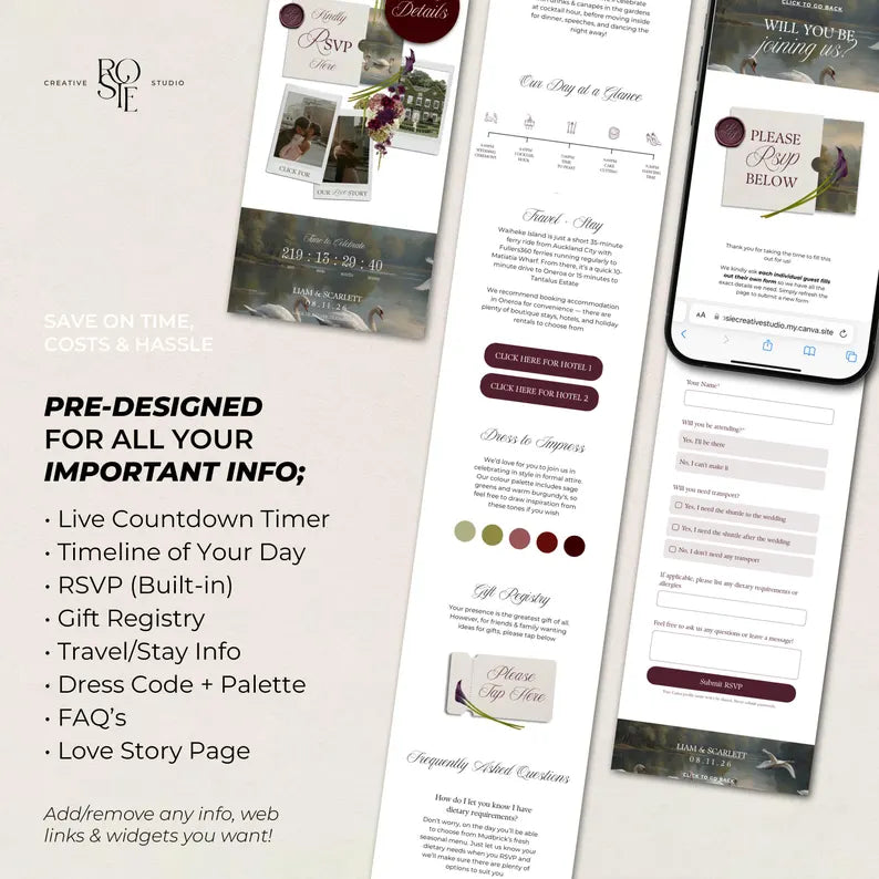 Olive Green & Burgundy Floral Wedding Website – Canva Template