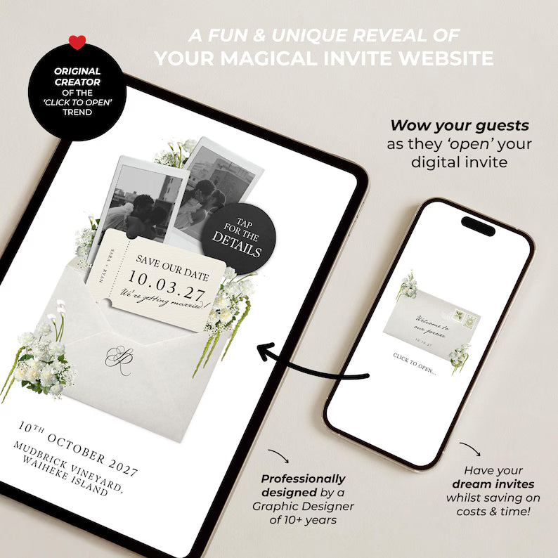 Ivory & Green Floral Save the Date with Built-In Form: Canva Website Template (Digital Download)