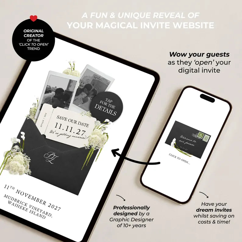 Black, Ivory & Green Floral Save the Date with Built-In Form: Canva Website Template (Digital Download)