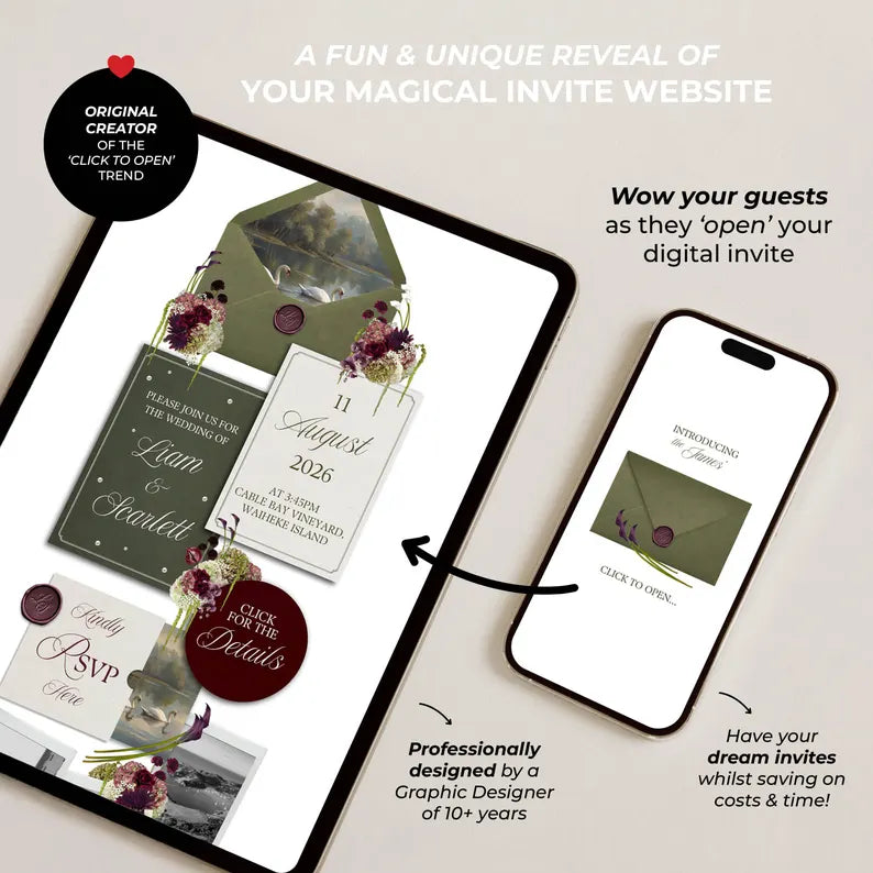Olive Green & Burgundy Floral Wedding Website – Canva Template