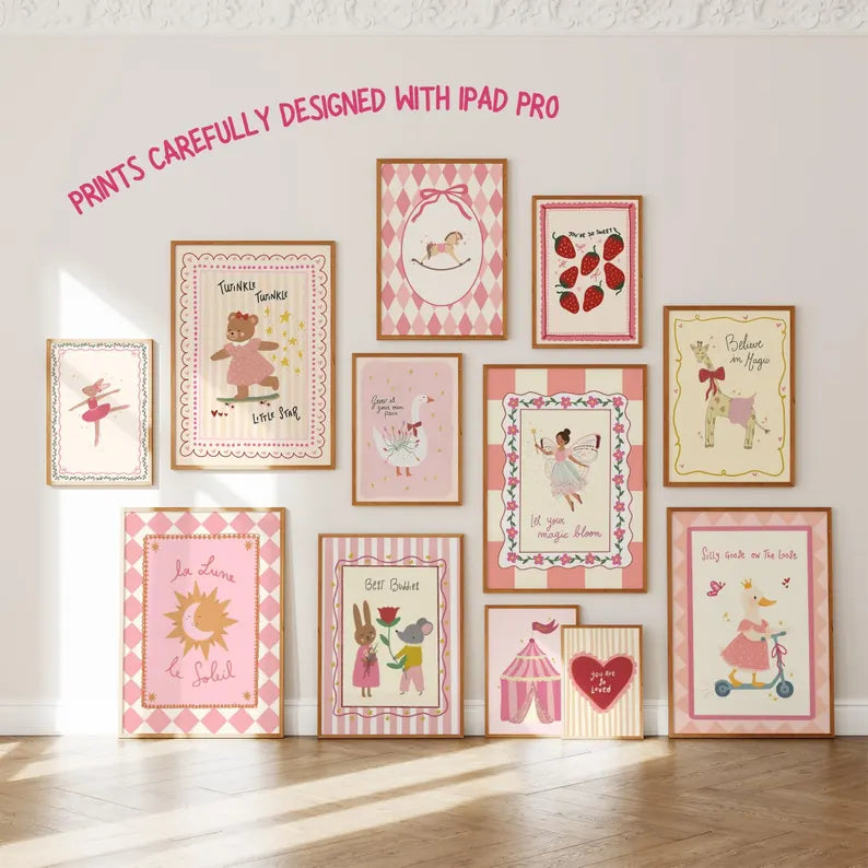 Pink Girl Nursery Wall Art Prints, Animals, Gallery Set (Digital Download, +180 Prints