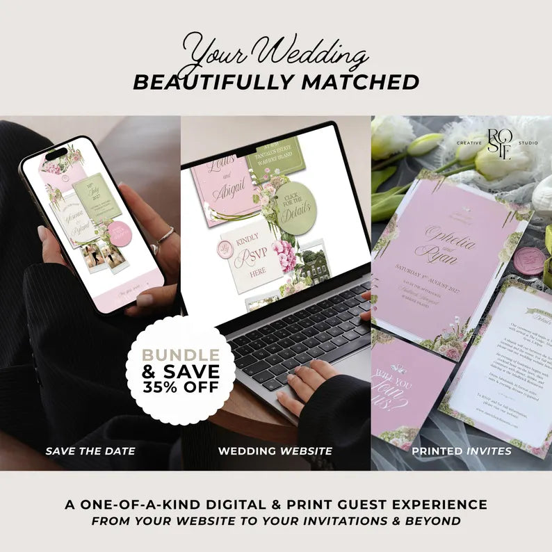 Pink & Green Floral Wedding Website Template with RSVP: Editable Canva Design (Digital Download)