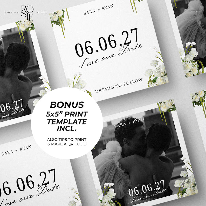 Ivory & Green Floral Save the Date with Built-In Form: Canva Website Template (Digital Download)