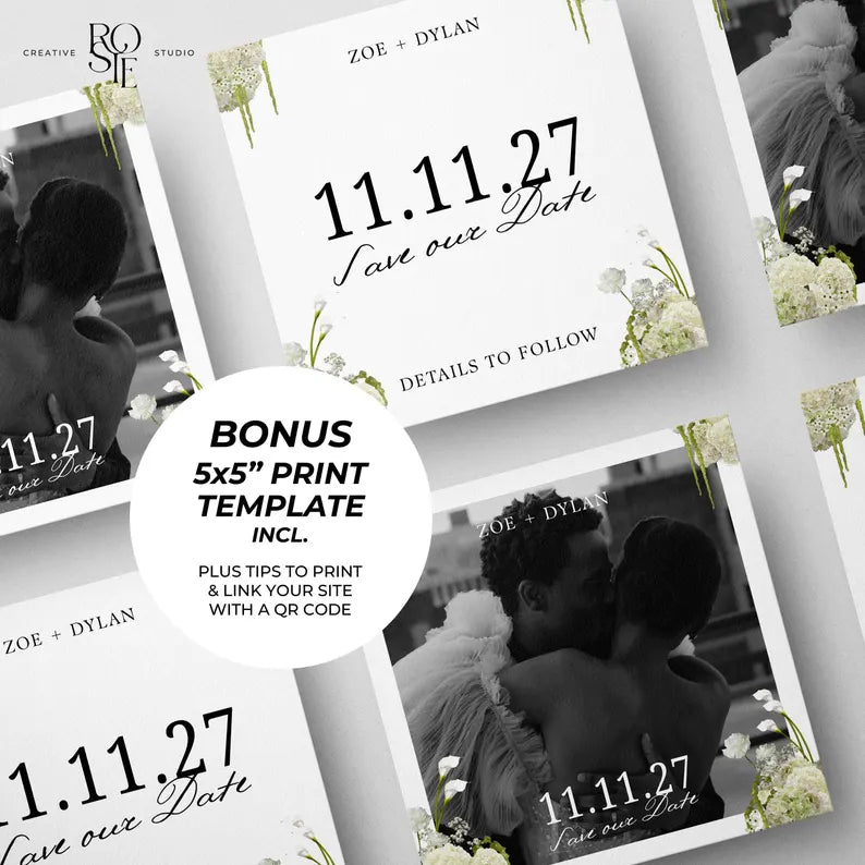 Black, Ivory & Green Floral Save the Date with Built-In Form: Canva Website Template (Digital Download)