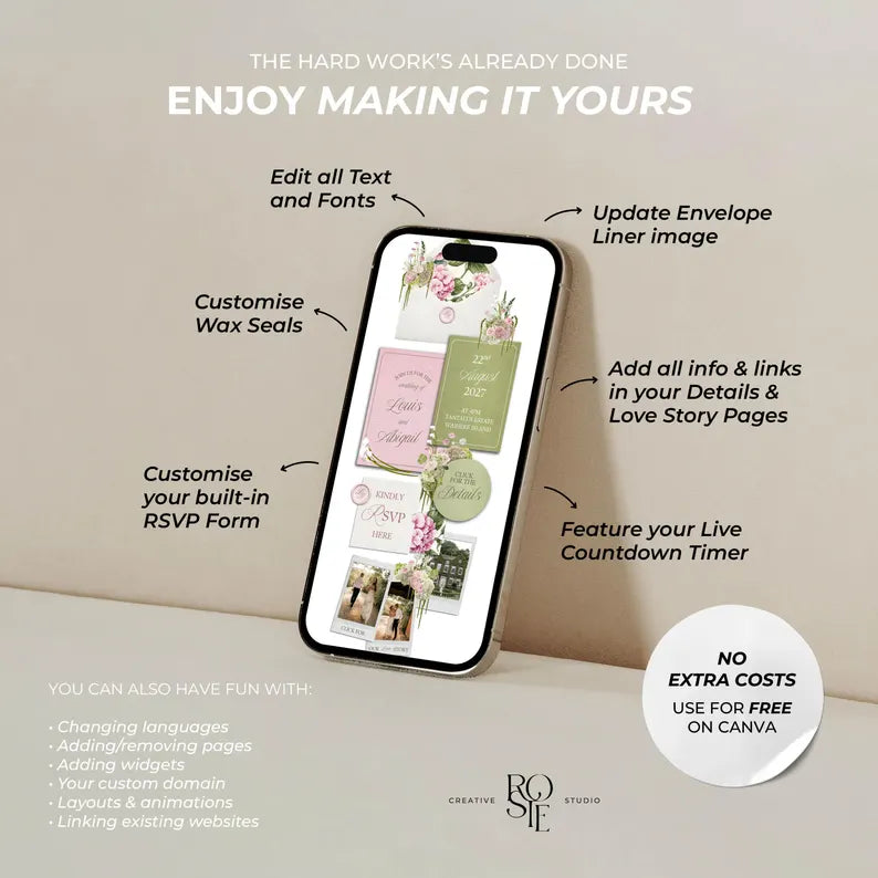 Pink & Green Floral Wedding Website Template with RSVP: Editable Canva Design (Digital Download)