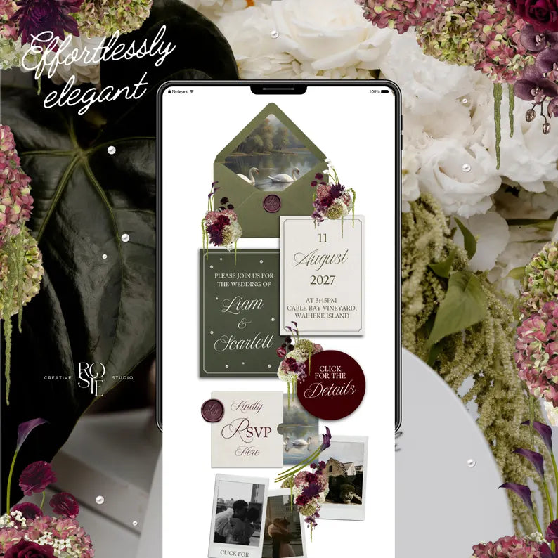 Olive Green & Burgundy Floral Wedding Website – Canva Template