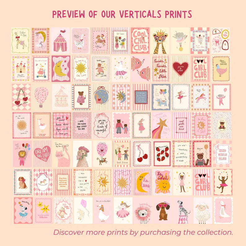 Pink Girl Nursery Wall Art Prints, Animals, Gallery Set (Digital Download, +180 Prints