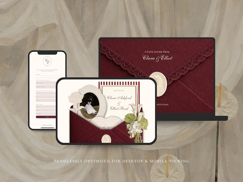 Burgundy Save the Date Website Template | Digital Wedding Invitation with RSVP | Instant Download