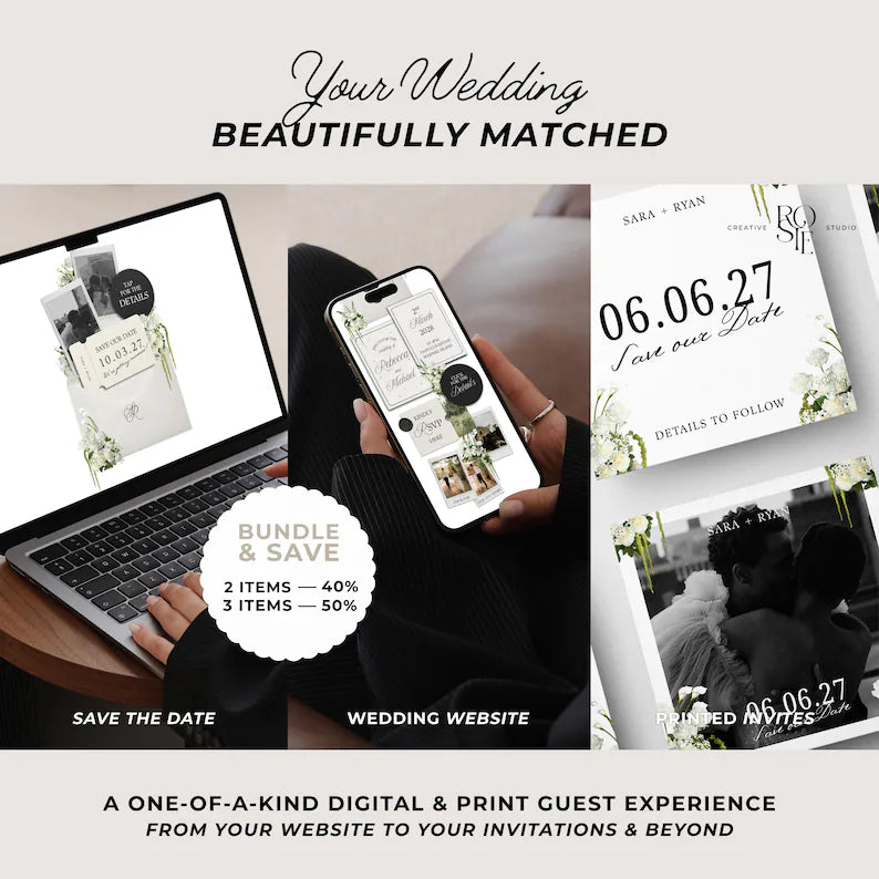 Ivory & Green Floral Save the Date with Built-In Form: Canva Website Template (Digital Download)