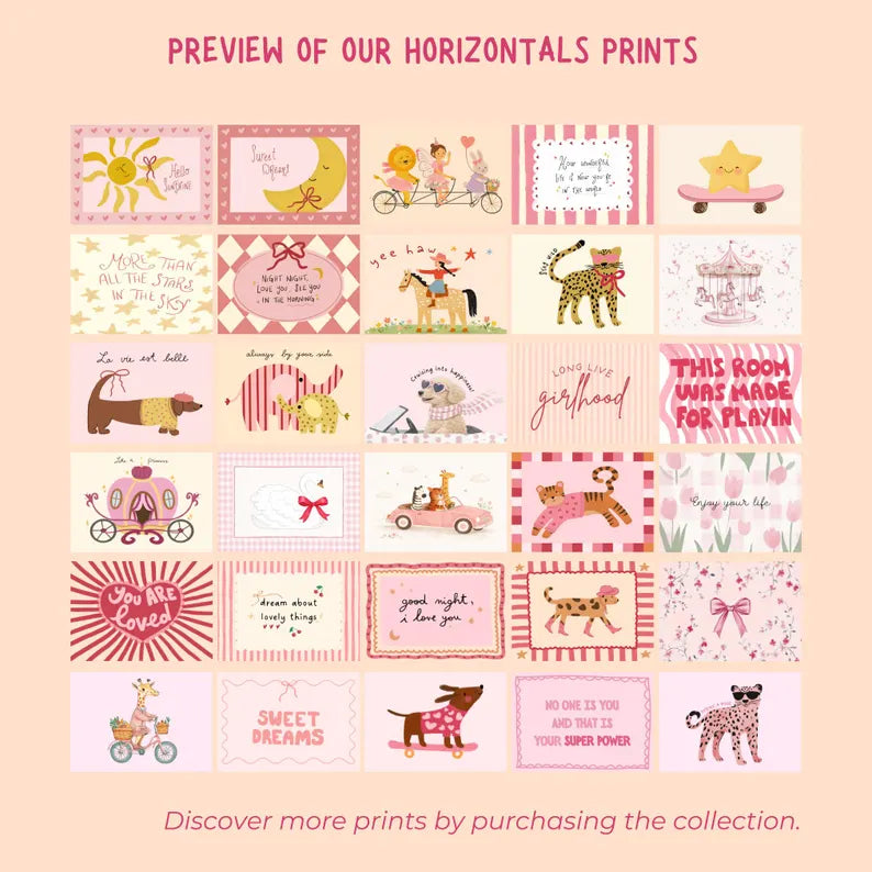 Pink Girl Nursery Wall Art Prints, Animals, Gallery Set (Digital Download, +180 Prints