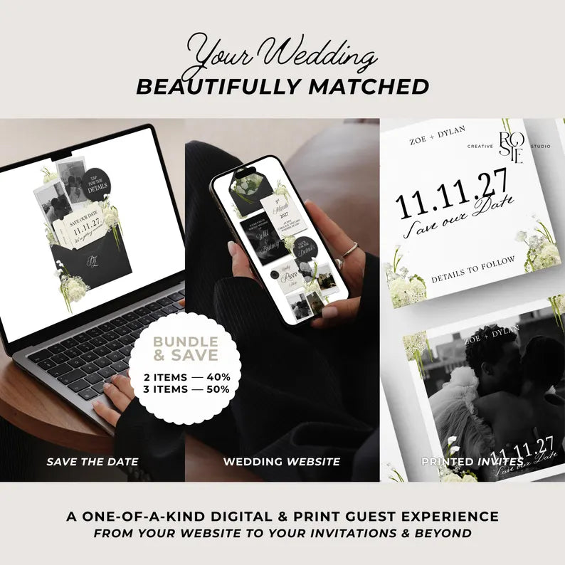 Black, Ivory & Green Floral Save the Date with Built-In Form: Canva Website Template (Digital Download)
