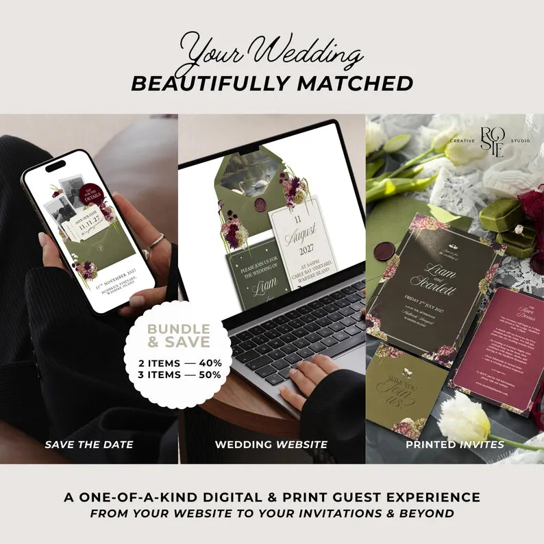 Olive Green & Burgundy Floral Wedding Website – Canva Template
