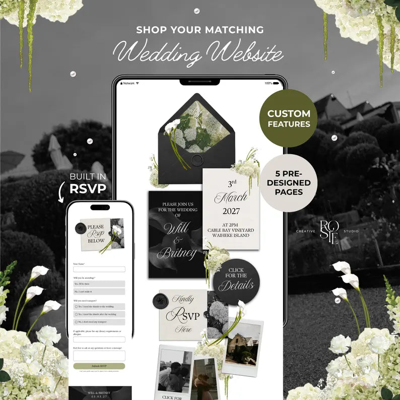Black, Ivory & Green Floral Save the Date with Built-In Form: Canva Website Template (Digital Download)