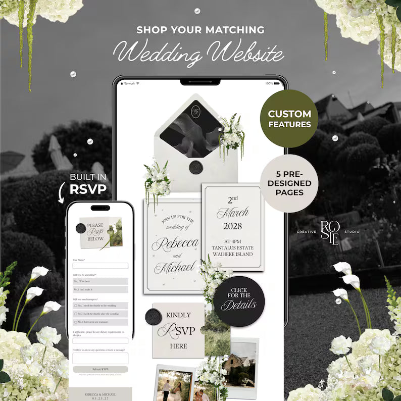 Ivory & Green Floral Save the Date with Built-In Form: Canva Website Template (Digital Download)