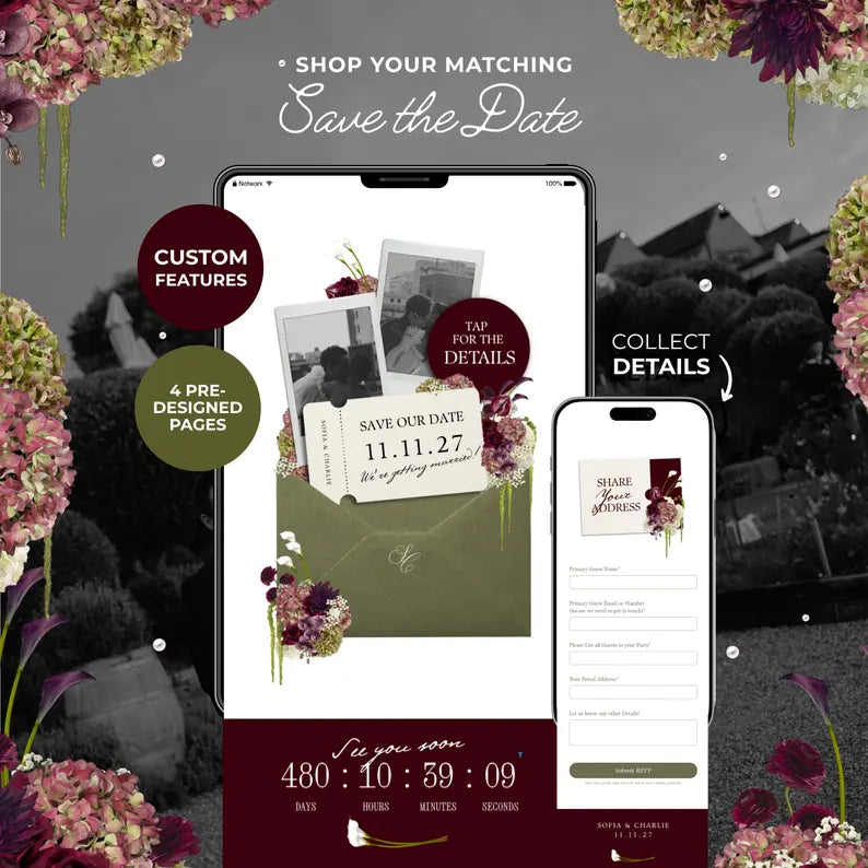 Olive Green & Burgundy Floral Wedding Website – Canva Template