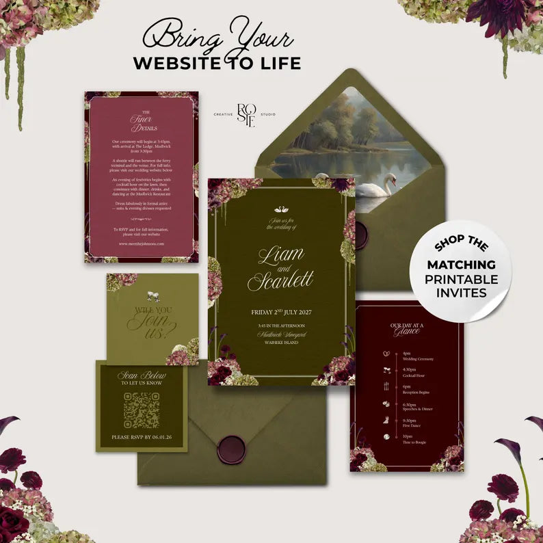 Olive Green & Burgundy Floral Wedding Website – Canva Template