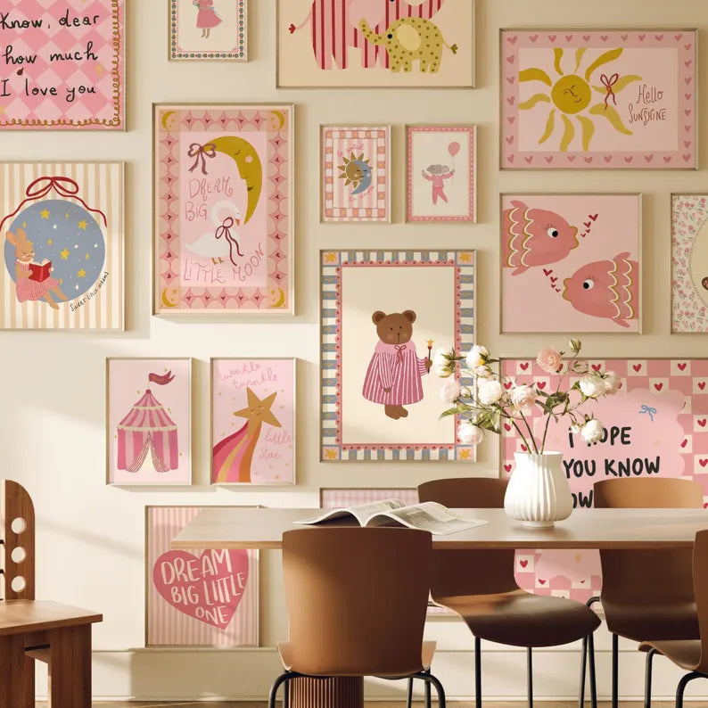 Pink Girl Nursery Wall Art Prints, Animals, Gallery Set (Digital Download, +180 Prints